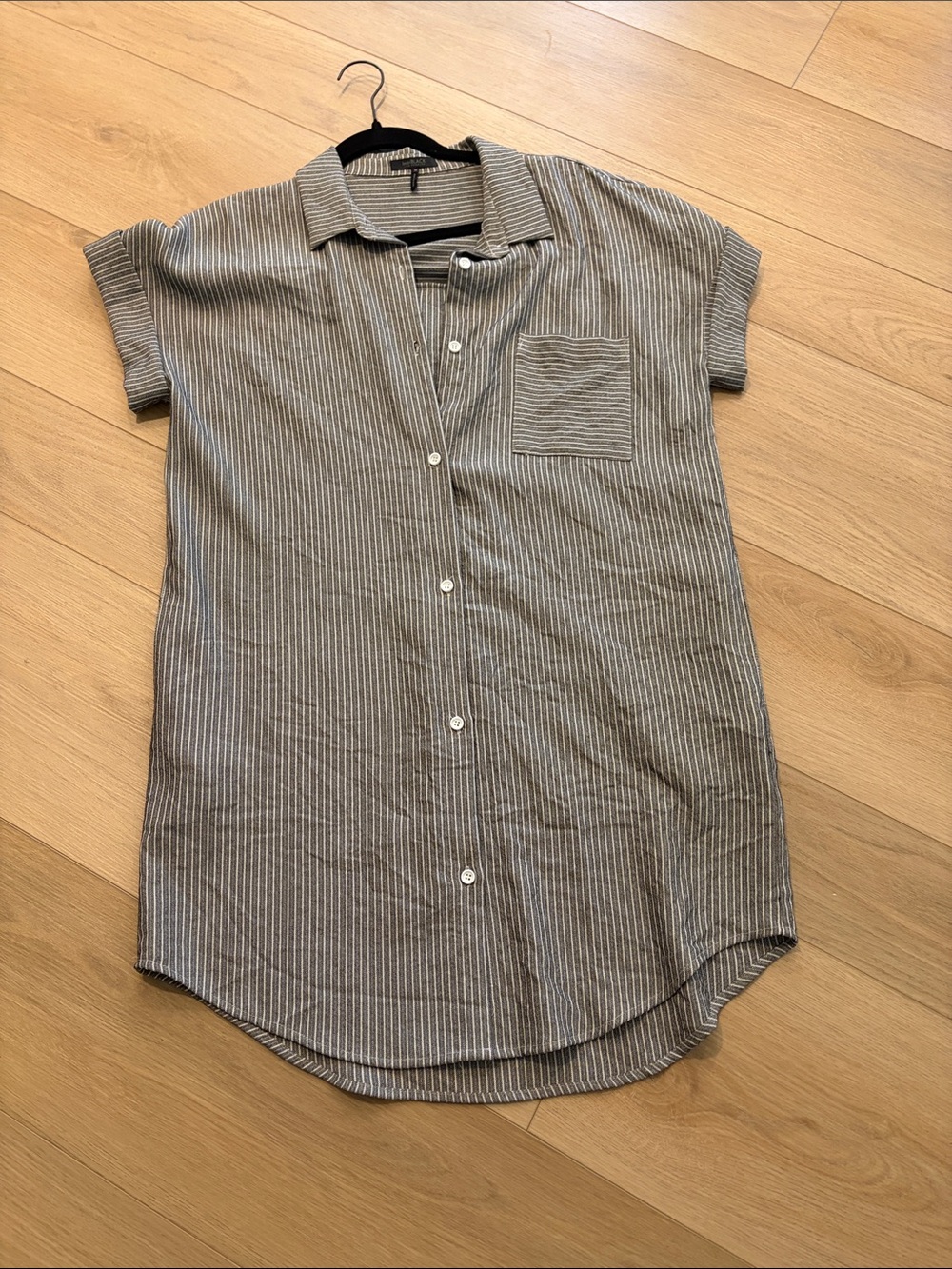 Striped Short-Sleeve Shirt Dress in Gray